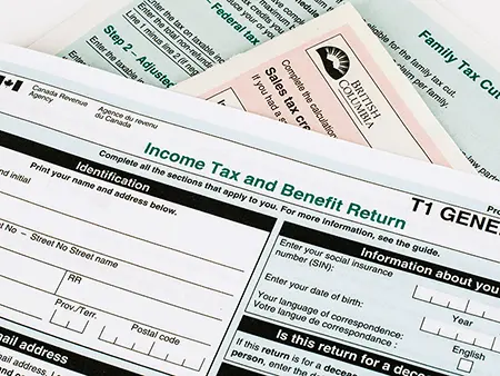 A photograph of T1 Canadian Tax Forms